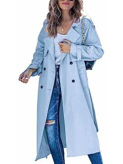 Minetom Frühling und Herbst Damen Trenchcoat Lange Windjacke Lang Jacke Revers Windjacke mit Gürtel zweireihig Elegante Modejacke Damen B Blau 02 XL von Minetom