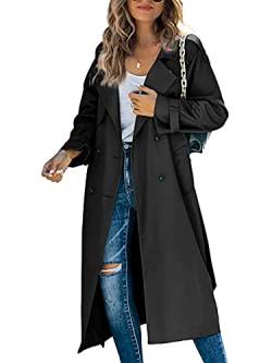 Minetom Frühling und Herbst Damen Trenchcoat Lange Windjacke Lang Jacke Revers Windjacke mit Gürtel zweireihig Elegante Modejacke Damen B Schwarz L von Minetom