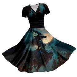 Minetom Halloween Kleid Damen V Ausschnitt Kurzarm Drucken Vintage Cocktailkleider Knielang Sexy Partykleid Festlich A-Linie Kleider Für Frauen Halloween Kostüm A Modell 03 M von Minetom