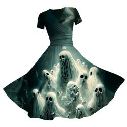 Minetom Halloween Kleid Damen V Ausschnitt Kurzarm Drucken Vintage Cocktailkleider Knielang Sexy Partykleid Festlich A-Linie Kleider Für Frauen Halloween Kostüm A Modell 05 S von Minetom