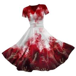 Minetom Halloween Kleid Damen V Ausschnitt Kurzarm Drucken Vintage Cocktailkleider Knielang Sexy Partykleid Festlich A-Linie Kleider Für Frauen Halloween Kostüm A Modell 11 L von Minetom