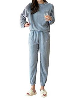 Minetom Herbst Winter Pyjamas Damen Mädchen Zweiteiler Ensembles Warm Coral Fleece Nachtwäsche Süße Plüsch Schlafanzug Langarm Shirt und Hose A Blau 36 von Minetom