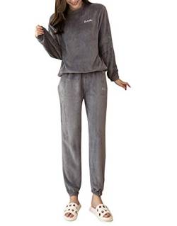 Minetom Herbst Winter Pyjamas Damen Mädchen Zweiteiler Ensembles Warm Coral Fleece Nachtwäsche Süße Plüsch Schlafanzug Langarm Shirt und Hose A Grau 38 von Minetom