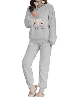 Minetom Herbst Winter Pyjamas Damen Mädchen Zweiteiler Ensembles Warm Coral Fleece Nachtwäsche Süße Plüsch Schlafanzug Langarm Shirt und Hose D Grau 34 von Minetom