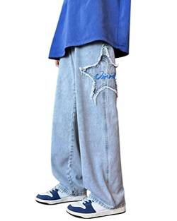 Minetom Herren Jeans Sterne Drucken Jeanshosen Patchwork Jeanshose Denim Hosen Baggy Hip Hop Jeans Vintage Y2K Straight Leg Streetwear R Hellblau XL von Minetom