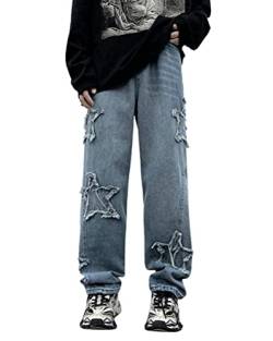 Minetom Herren Jeans Sterne Drucken Jeanshosen Patchwork Jeanshose Denim Hosen Baggy Hip Hop Jeans Vintage Y2K Straight Leg Streetwear U Blau L von Minetom