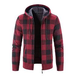 Minetom Herren Kariert Strickjacke Mit Kapuze Slim Fit Grobstrick Hoodie Sweatjacke Winterjacke Langarm Grobstrick A Rot XL von Minetom