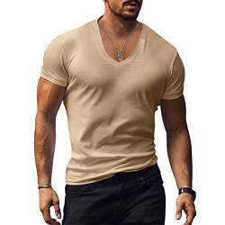 Minetom Herren Kurzarm T-Shirt V-Ausschnitt Slim Fit Stretch Einfarbiges Basic Shirt Manner Sportshirt Activewear A Khaki M von Minetom
