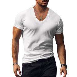 Minetom Herren Kurzarm T-Shirt V-Ausschnitt Slim Fit Stretch Einfarbiges Basic Shirt Manner Sportshirt Activewear A Weiß XL von Minetom