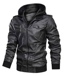 Minetom Herren Lederjacke Abnehmbarer Kapuze Hooded PU-Leder Jacket Mit Kapuze Outdoorjacke Bikerjacke Warm Winter Mantel A Schwarz L von Minetom