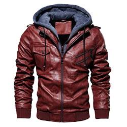 Minetom Herren PU Lederjacke Kunstleder Bikerjacke mit Kapuze B Rot XL von Minetom