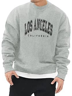 Minetom Herren Sweatshirt ohne Kapuze Sweat Crewneck Pullover mit Breiten Rippbündchen Los Angeles Grafik Vintage Buchstaben Drucken Basic Lässige Sport Training T-Shirt für Männer A Grau S von Minetom