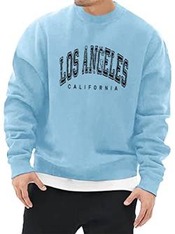 Minetom Herren Sweatshirt ohne Kapuze Sweat Crewneck Pullover mit Breiten Rippbündchen Los Angeles Grafik Vintage Buchstaben Drucken Basic Lässige Sport Training T-Shirt für Männer A Hellblau L von Minetom