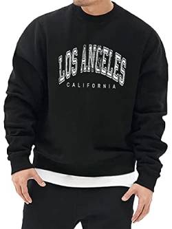 Minetom Herren Sweatshirt ohne Kapuze Sweat Crewneck Pullover mit Breiten Rippbündchen Los Angeles Grafik Vintage Buchstaben Drucken Basic Lässige Sport Training T-Shirt für Männer A Schwarz M von Minetom