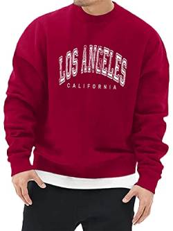 Minetom Herren Sweatshirt ohne Kapuze Sweat Crewneck Pullover mit Breiten Rippbündchen Los Angeles Grafik Vintage Buchstaben Drucken Basic Lässige Sport Training T-Shirt für Männer A Weinrot XL von Minetom