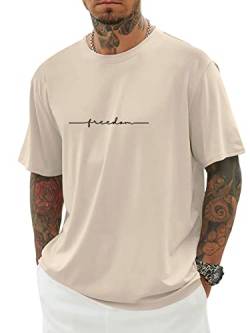 Minetom Herren T-Shirt Oversized Rundhals Kurzarm Lose Sommer Oberteile Mode Tshirt mit Freedom Kreativen Grafik Buchstaben Vintage Drucken Streetwear Sport Casual Lang Tops D Aprikose XL z von Minetom