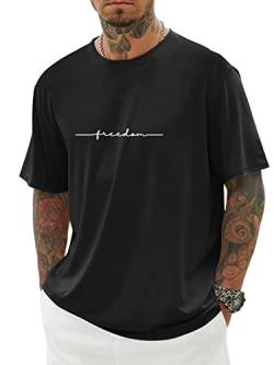 Minetom Herren T-Shirt Oversized Rundhals Kurzarm Lose Sommer Oberteile Mode Tshirt mit Freedom Kreativen Grafik Buchstaben Vintage Drucken Streetwear Sport Casual Lang Tops D Schwarz L von Minetom