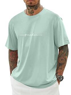 Minetom Herren T-Shirt Oversized Rundhals Kurzarm Lose Sommer Oberteile Mode Tshirt mit Grafik Kreativen Buchstaben Vintage Drucken Streetwear Sport Casual Lang Tops D Grün S z von Minetom