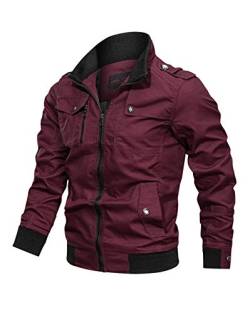 Minetom Herren Übergangsjacke Militär Jacke Stehkragen Bomber Jacke Baumwolle Multi Taschen Armeejacke Feldjacke Outdoor Mantel Parka Rot L von Minetom