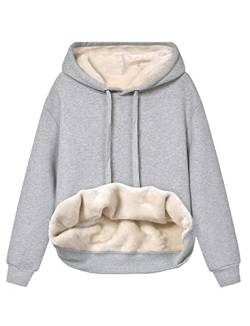 Minetom Hoodie Damen Kapuzenpullover mit Fleece Gefütterte Kuschelig Warmer Innenfutter Sweaterpullover Winter Warm Langarm Pullover Frauen Basic Outwear Fleecepullover mit Kapuze A Grau M von Minetom