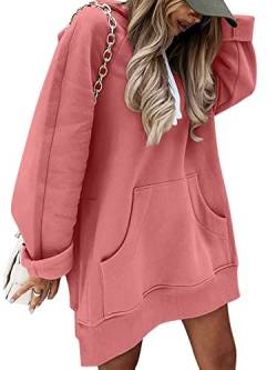 Minetom Hoodie Damen Kleid Kapuzenpullover Lang Hoodie Oversize Pullover Sweatkleid mit Kapuze Langarm Sweatshirtkleid Winter Lange Sweatshirt Kapuzenpulli Mini Kleider mit Taschen Rosa M von Minetom