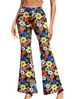 Minetom Hose Damen Boho Strandhose Hippie Blumen Schlaghose Weites Bein Palazzo Sommerhose High Waist Bootcut Freizeithose Schön Blumen Druck Caprihose Elastische Taille Yogahose A Blau S von Minetom