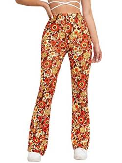 Minetom Hose Damen Boho Strandhose Hippie Blumen Schlaghose Weites Bein Palazzo Sommerhose High Waist Bootcut Freizeithose Schön Blumen Druck Caprihose Elastische Taille Yogahose A Orange M von Minetom