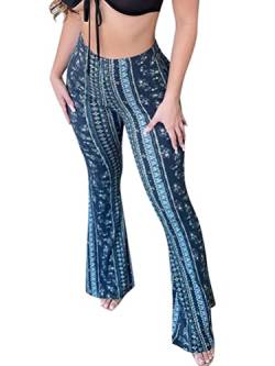 Minetom Hose Damen Boho Strandhose Hippie Blumen Schlaghose Weites Bein Palazzo Sommerhose High Waist Bootcut Freizeithose Schön Blumen Druck Caprihose Elastische Taille Yogahose B Dunkelblau M von Minetom