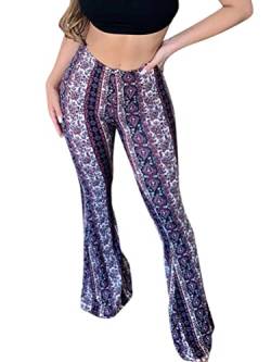 Minetom Hose Damen Boho Strandhose Hippie Blumen Schlaghose Weites Bein Palazzo Sommerhose High Waist Bootcut Freizeithose Schön Blumen Druck Caprihose Elastische Taille Yogahose B Violett S von Minetom