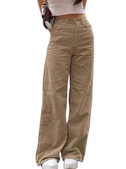 Minetom Hosen Damen Cordhosen Hohe Taille Cord Pants Frauen Bequem Freizeithose Retro Straight Corduroy Trousers Lose Hose mit Taschen Streetwear B Leichtes Khaki XS von Minetom