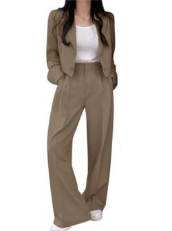 Minetom Hosenanzug Damen Anzug Set Zweiteiliger Elegant Kurze Jacke Outfit Blazer Hose 2-teilig Einfarbig Langarm Büro Business Anzugjacke Hosen B Khaki S von Minetom