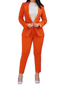 Minetom Hosenanzug Damen Anzug Set Zweiteiliger Elegant Revers Business Büro Formal Blazer Hose 2-teilig Slim Fit Langarm Anzugjacke 2 Stück A Orange XXL von Minetom