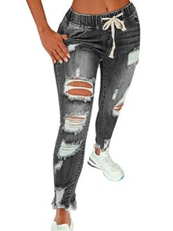 Minetom Jeans Damen Jeanshosen Röhrenjeans Skinny Slim Fit Stretch Stylische Boyfriend Jeans Zerrissene Destroyed Jeans Hose mit Löchern Lässig A Grau 3XL von Minetom