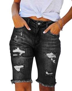 Minetom Jeans Shorts Damen Knielang Zerrissen Sommer Sexy Frauen Kurze Hose Denim Stretch Jeansshorts Bermuda Übergröße Strandshorts Hotpants B1 Schwarz L von Minetom