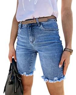 Minetom Jeans Shorts Damen Knielang Zerrissen Sommer Sexy Frauen Kurze Hose Denim Stretch Jeansshorts Bermuda Übergröße Strandshorts Hotpants E Blau XL von Minetom