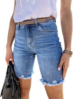 Minetom Jeans Shorts Damen Knielang Zerrissen Sommer Sexy Frauen Kurze Hose Denim Stretch Jeansshorts Bermuda Übergröße Strandshorts Hotpants E Blau XS von Minetom