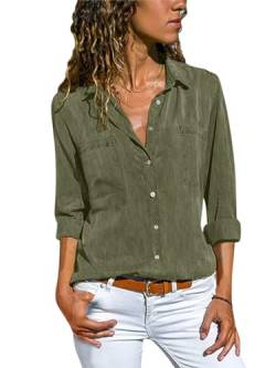 Minetom Jeanshemd Damen Bluse Western Denim Hemden Lässiges Tunika Langarm Button Down Oberteile Mit Tasche Langarmshirt A Armee Grün M von Minetom