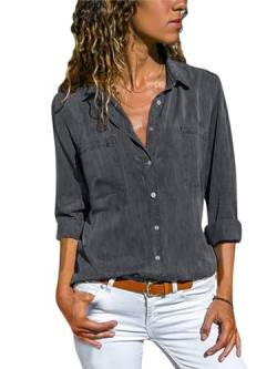 Minetom Jeanshemd Damen Bluse Western Denim Hemden Lässiges Tunika Langarm Button Down Oberteile Mit Tasche Langarmshirt A Grau S von Minetom