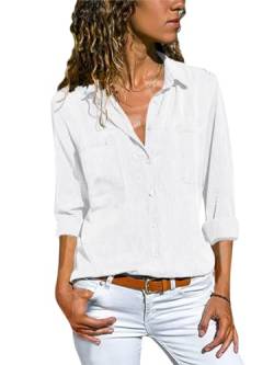 Minetom Jeanshemd Damen Bluse Western Denim Hemden Lässiges Tunika Langarm Button Down Oberteile Mit Tasche Langarmshirt A Weiß XL von Minetom