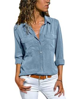 Minetom Jeanshemd Damen Bluse Western Denim Hemden Lässiges Tunika Langarm Button Down Oberteile Mit Tasche Langarmshirt B Blau M von Minetom