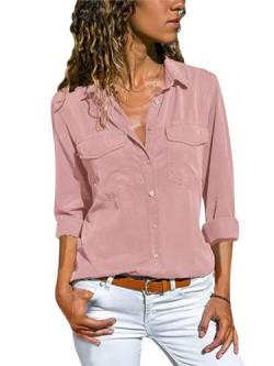 Minetom Jeanshemd Damen Bluse Western Denim Hemden Lässiges Tunika Langarm Button Down Oberteile Mit Tasche Langarmshirt B Rosa M von Minetom
