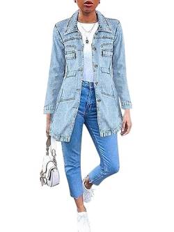 Minetom Jeansjacke Damen Jacke Denim Jean Mantel Outwear Lange Ärmel Lange Slim Fit Übergangsjacke Mit Knöpfen Winter Herbst Trucker Jacke Mit Tasche A Hellblau S von Minetom