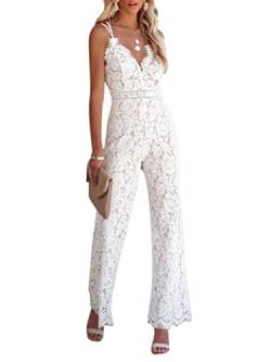 Minetom Jumpsuit Damen Blumen Spitze V-Ausschnitt Ärmelloser Lang Jumpsuit Langarm Overall Cocktail Party Festlich Hosenanzug Playsuit Romper Für Hochzeit A Weiß M von Minetom