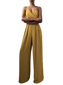 Minetom Jumpsuit Damen Elegant Einfarbig Playsuit V-Ausschnitt Ärmellose Hosenanzug Cocktail Party Overalls Lang Romper B Gelb M von Minetom