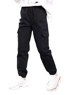 Minetom Kinder Mädchen Cargohose Jogginghose Sporthose Jogger Trainingshose Mit Taschen Unisex Streetwear Freizeit Loungehose Cargo Hose F Schwarz 110 von Minetom