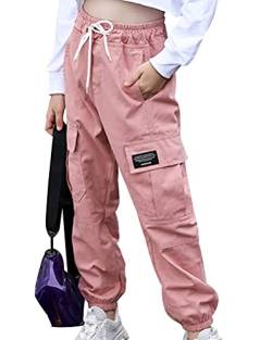 Minetom Kinder Mädchen Cargohose Kordelzug Jogginghose Sporthose Jogger Trainingshose Mit Taschen Hip Hop Tanz Streetwear A Rosa 120 von Minetom