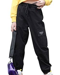 Minetom Kinder Mädchen Cargohose Kordelzug Jogginghose Sporthose Jogger Trainingshose Mit Taschen Hip Hop Tanz Streetwear A Schwarz 150 von Minetom