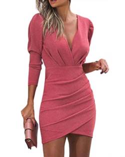 Minetom Kleid Damen V-Ausschnitt Sexy Abendkleid Schlanke Langarm Kleider Frauen Bodycon Party Cocktailkleid Festliche Minikleid Wickelkleid B Rosa 36 von Minetom