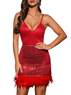 Minetom Kleider Damen Glitzer Minikleider Armellos Fransen V-Ausschnitt Rückenfreies Bodycon Partykleider Club Cocktailkleid Samba Tango Latein Tanzkleid A Rot S von Minetom