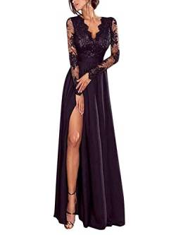 Minetom Kleider Damen V-Ausschnitt Langarm Abendkleider Elegant Spitze Cocktailkleid Maxikleid Lang Partykleid Ballkleid Festkleid (40, Schwarz) von Minetom